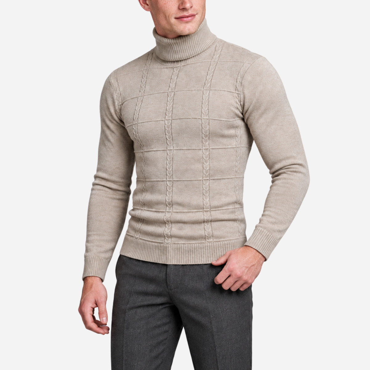 Men’s Grid Cable-Knit Turtleneck Jumper-Fowsa