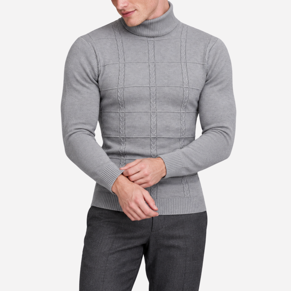 Men’s Grid Cable-Knit Turtleneck Jumper-Fowsa