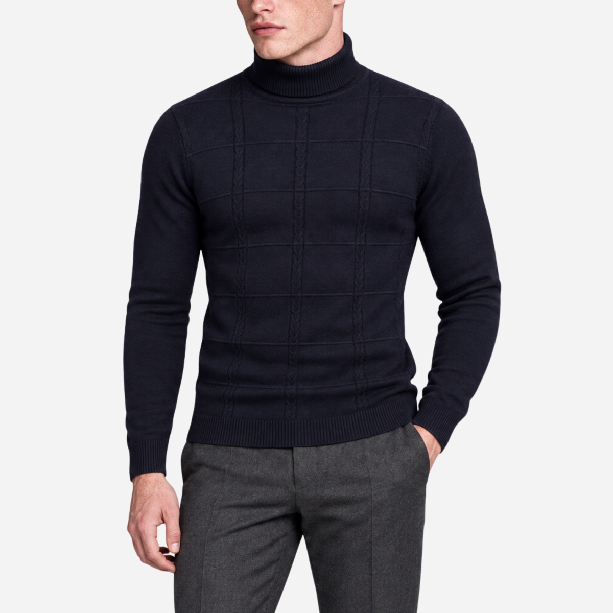 Men’s Grid Cable-Knit Turtleneck Jumper-Fowsa