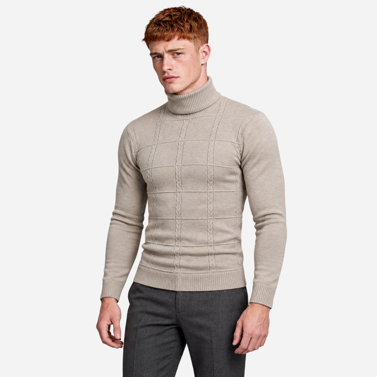 Men’s Grid Cable-Knit Turtleneck Jumper-Fowsa
