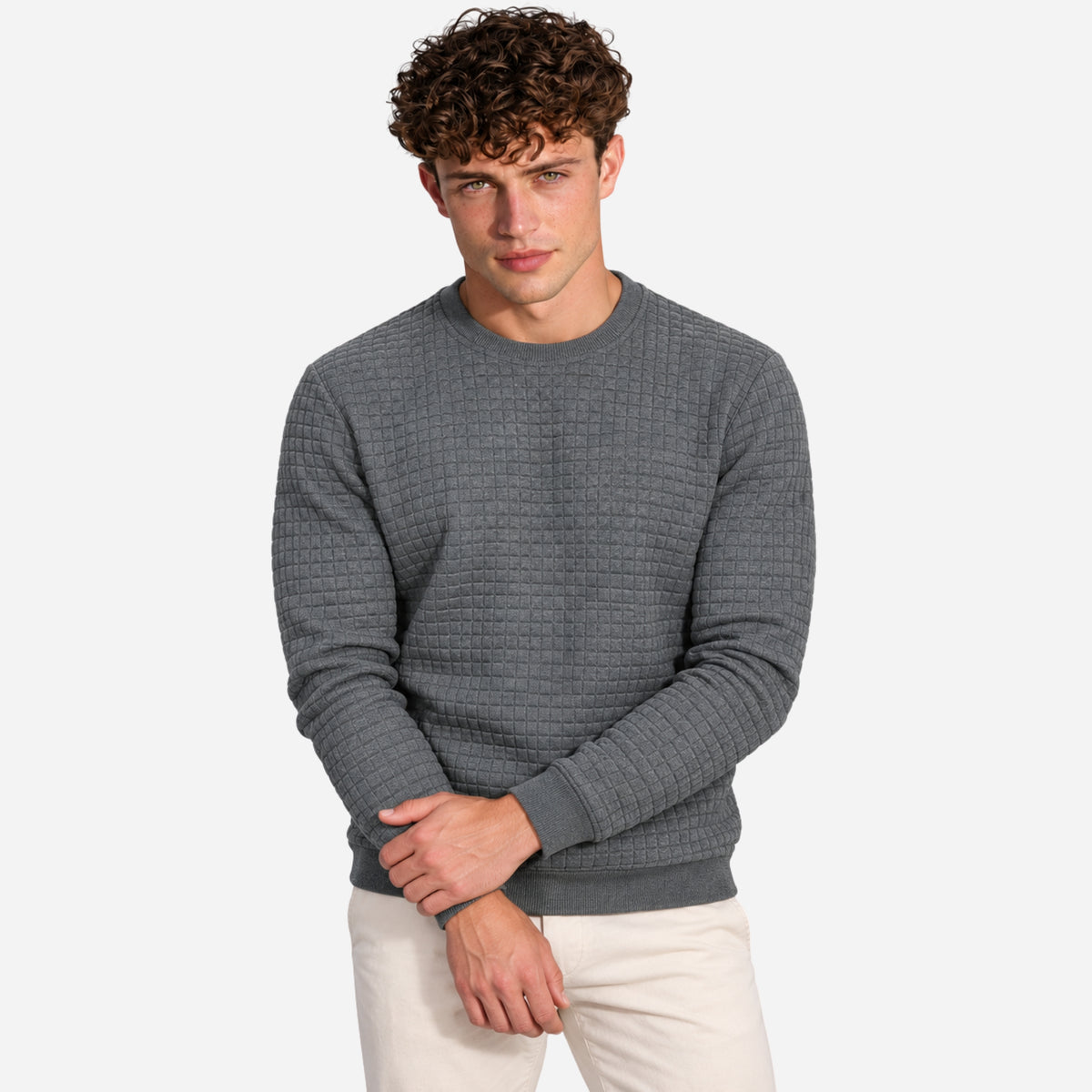 Men’s Grid-Textured Crew-Neck Jumper-Fowsa