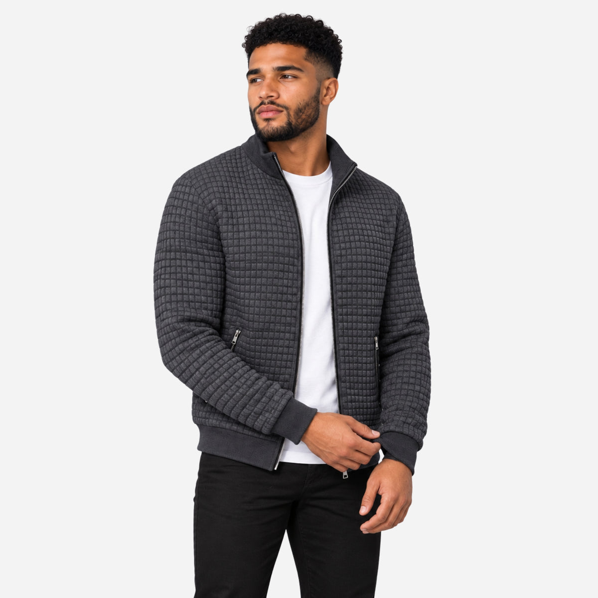Men’s Grid-Textured Zip-Front Jacket-Fowsa