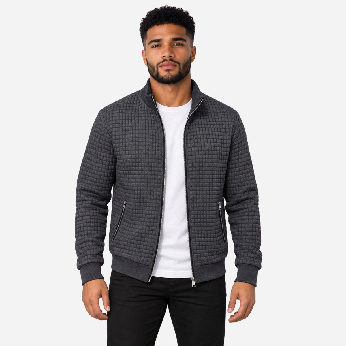 Men’s Grid-Textured Zip-Front Jacket-Fowsa