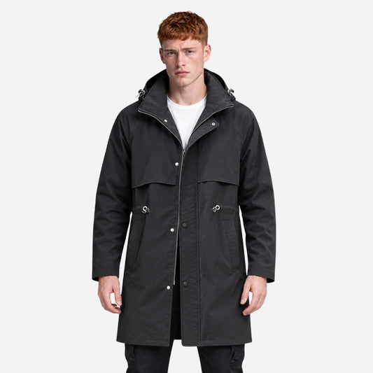 Men's Hooded Drawstring Mid-Length Windbreaker Coat-Fowsa
