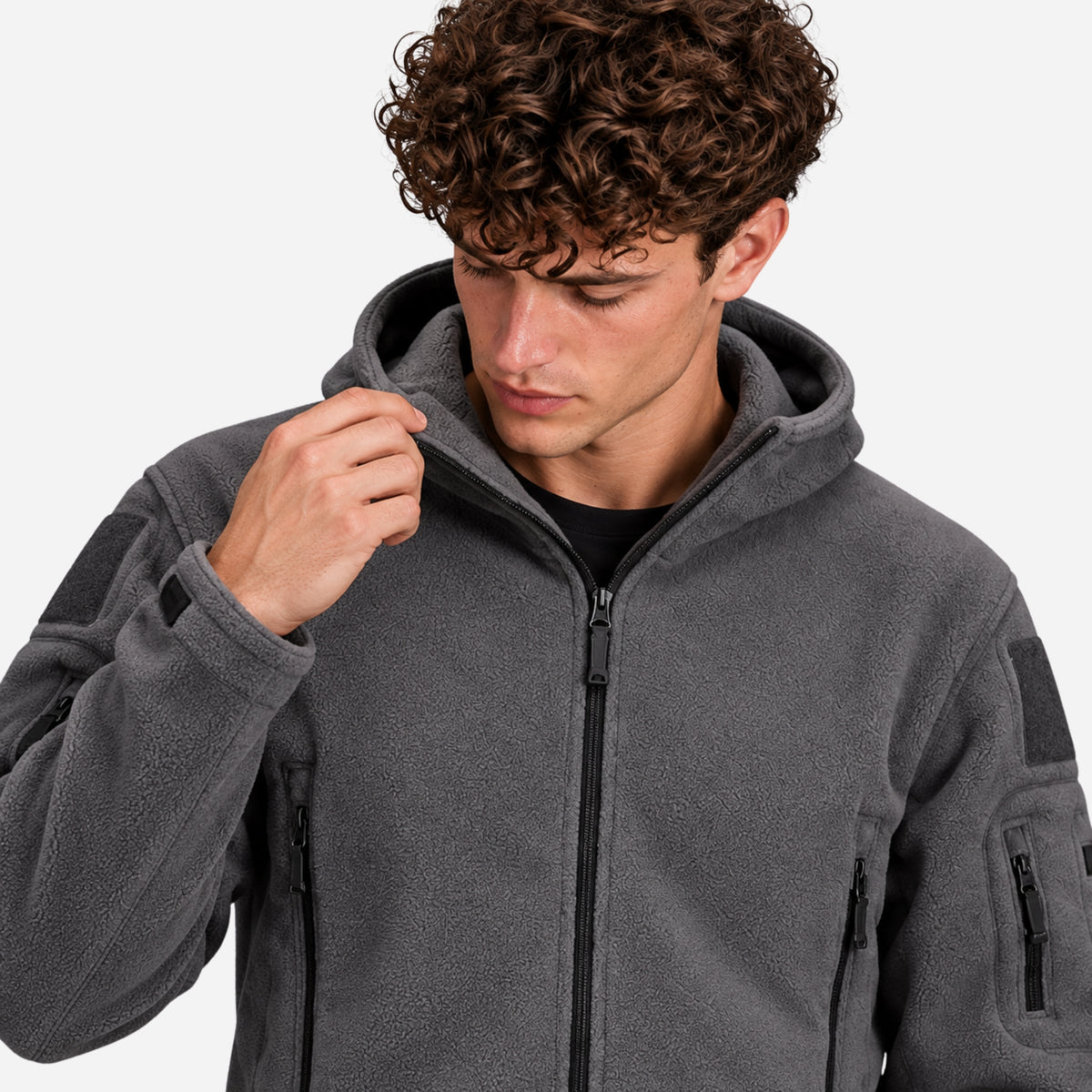 Men’s Hooded Multi-Pocket Fleece Jacket-Fowsa