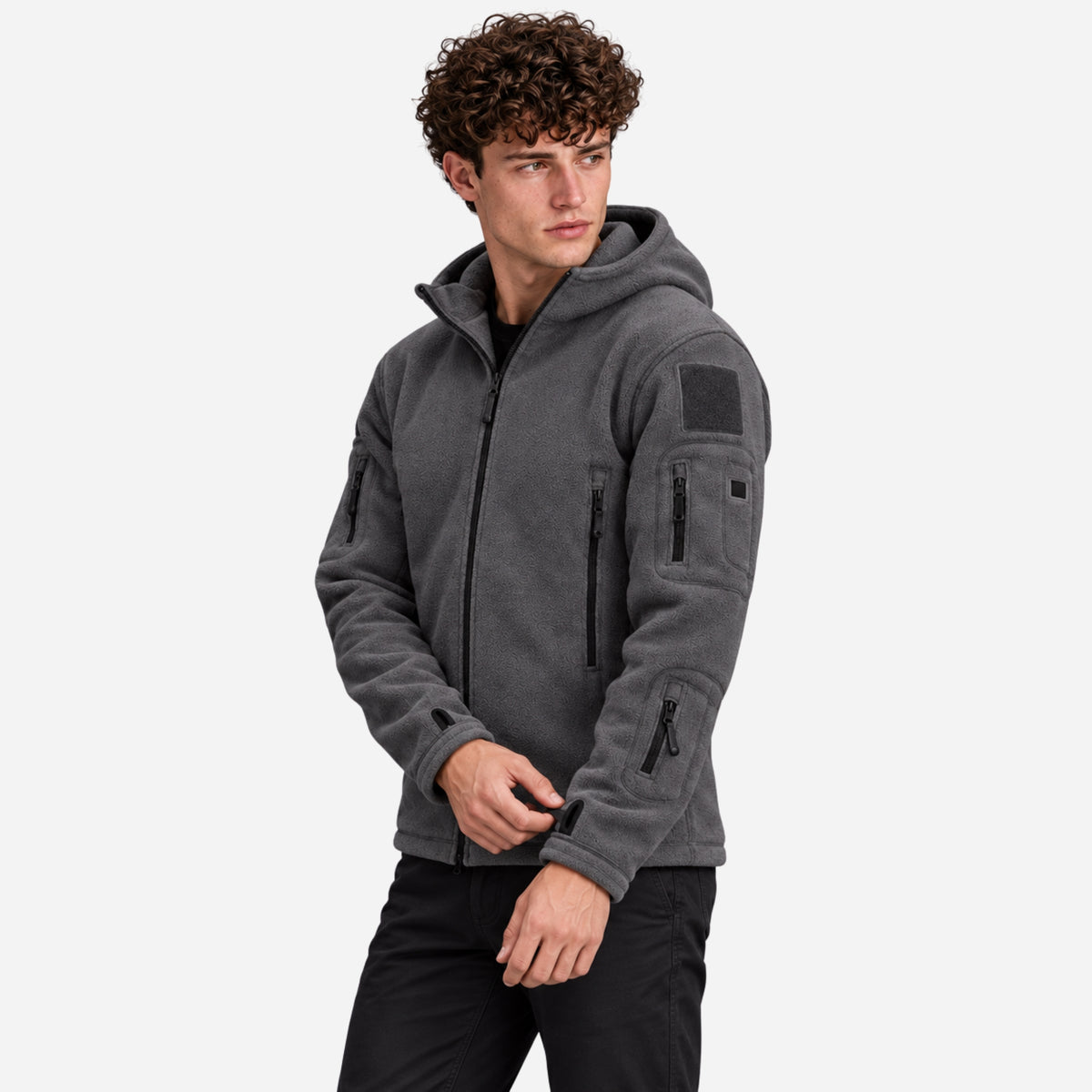Men’s Hooded Multi-Pocket Fleece Jacket-Fowsa