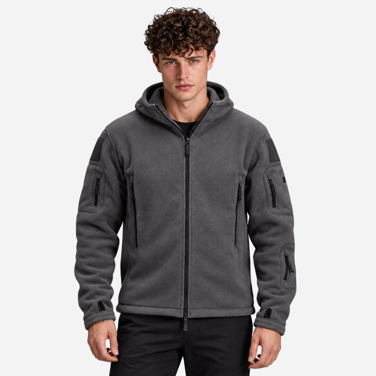 Men’s Hooded Multi-Pocket Fleece Jacket-Fowsa