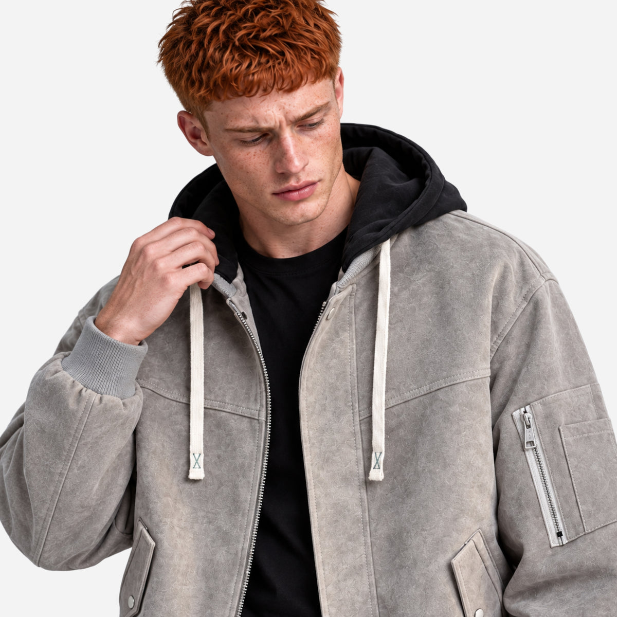 Men’s Hooded Zip-Front Utility Bomber Jacket-Fowsa