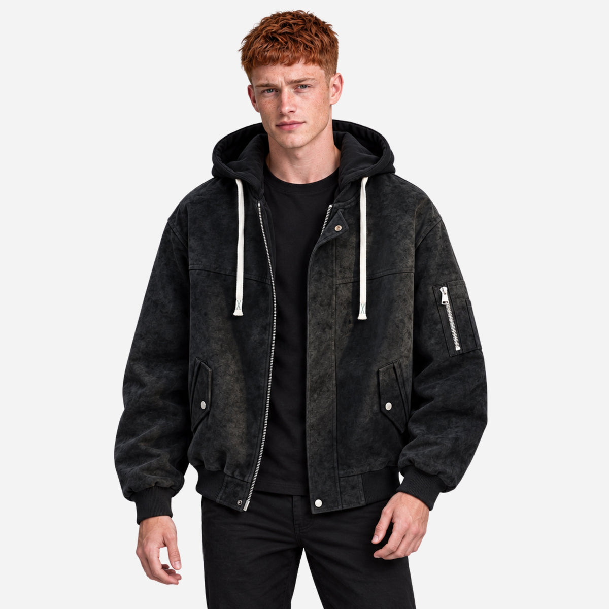 Men’s Hooded Zip-Front Utility Bomber Jacket-Fowsa