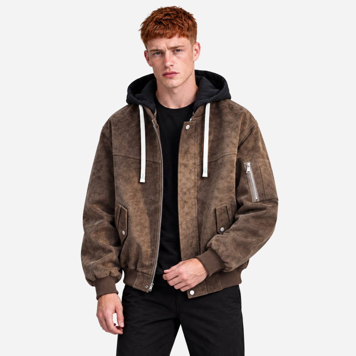 Men’s Hooded Zip-Front Utility Bomber Jacket-Fowsa