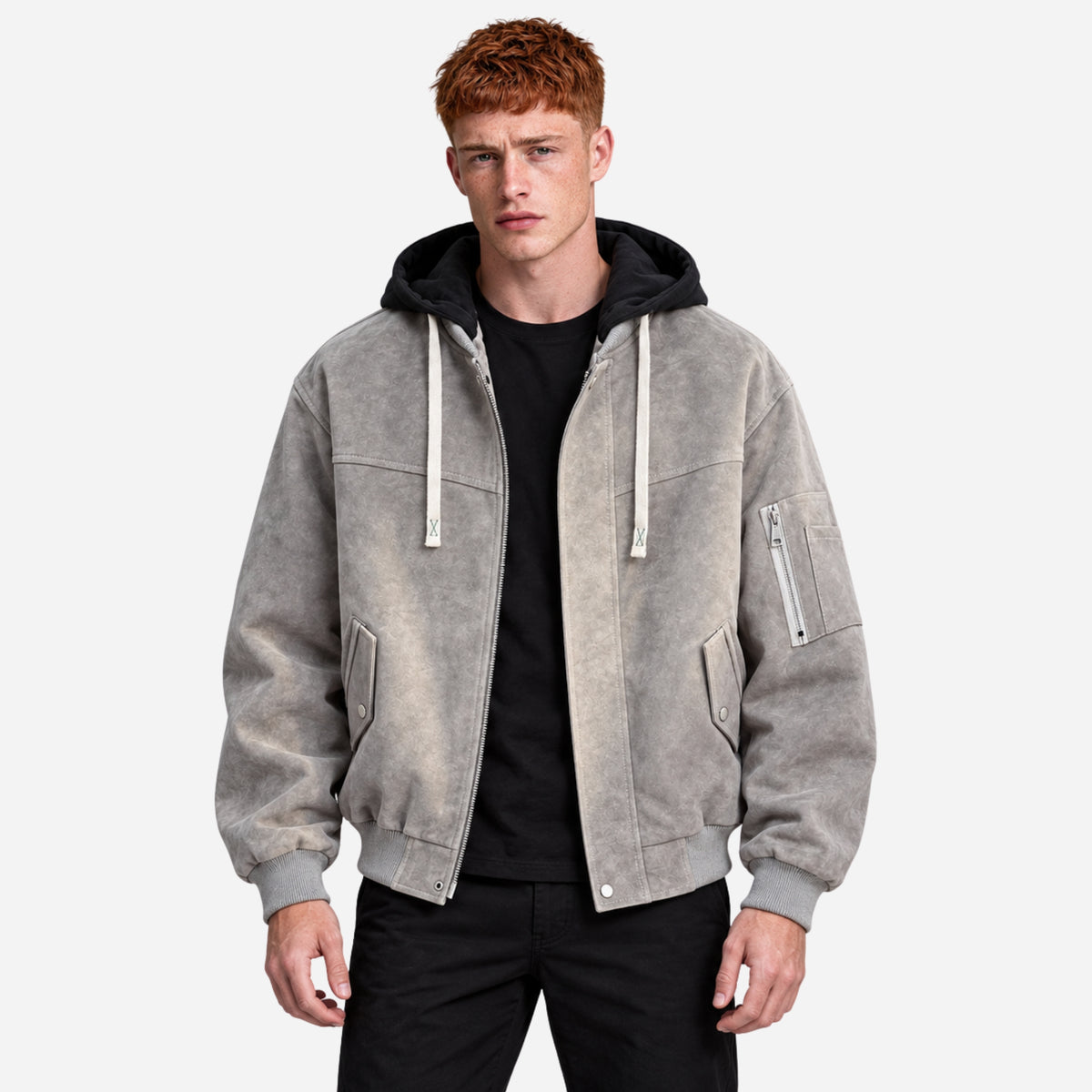 Men’s Hooded Zip-Front Utility Bomber Jacket-Fowsa