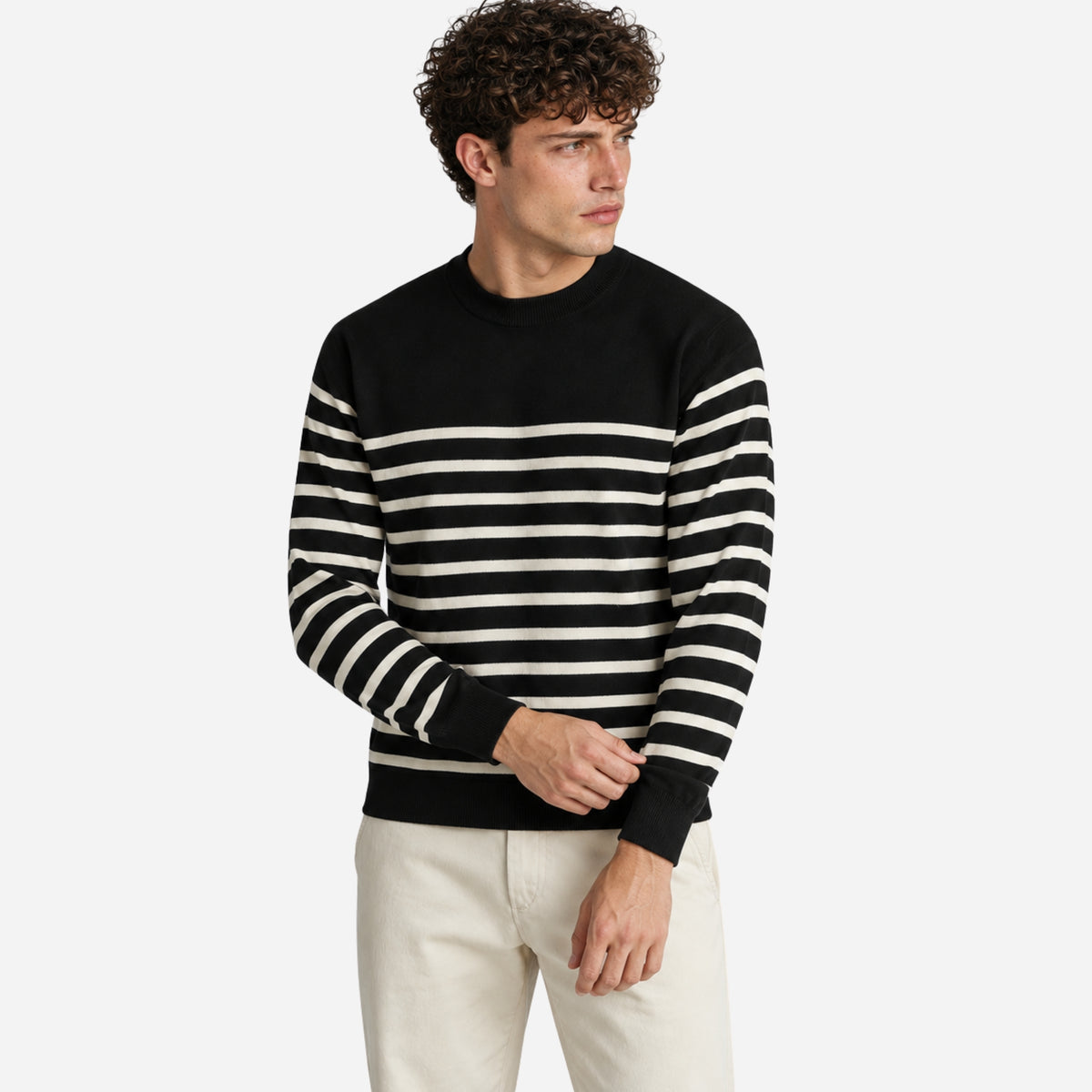 Men’s Horizontal-Stripe Crew-Neck Knitted Jumper-Fowsa