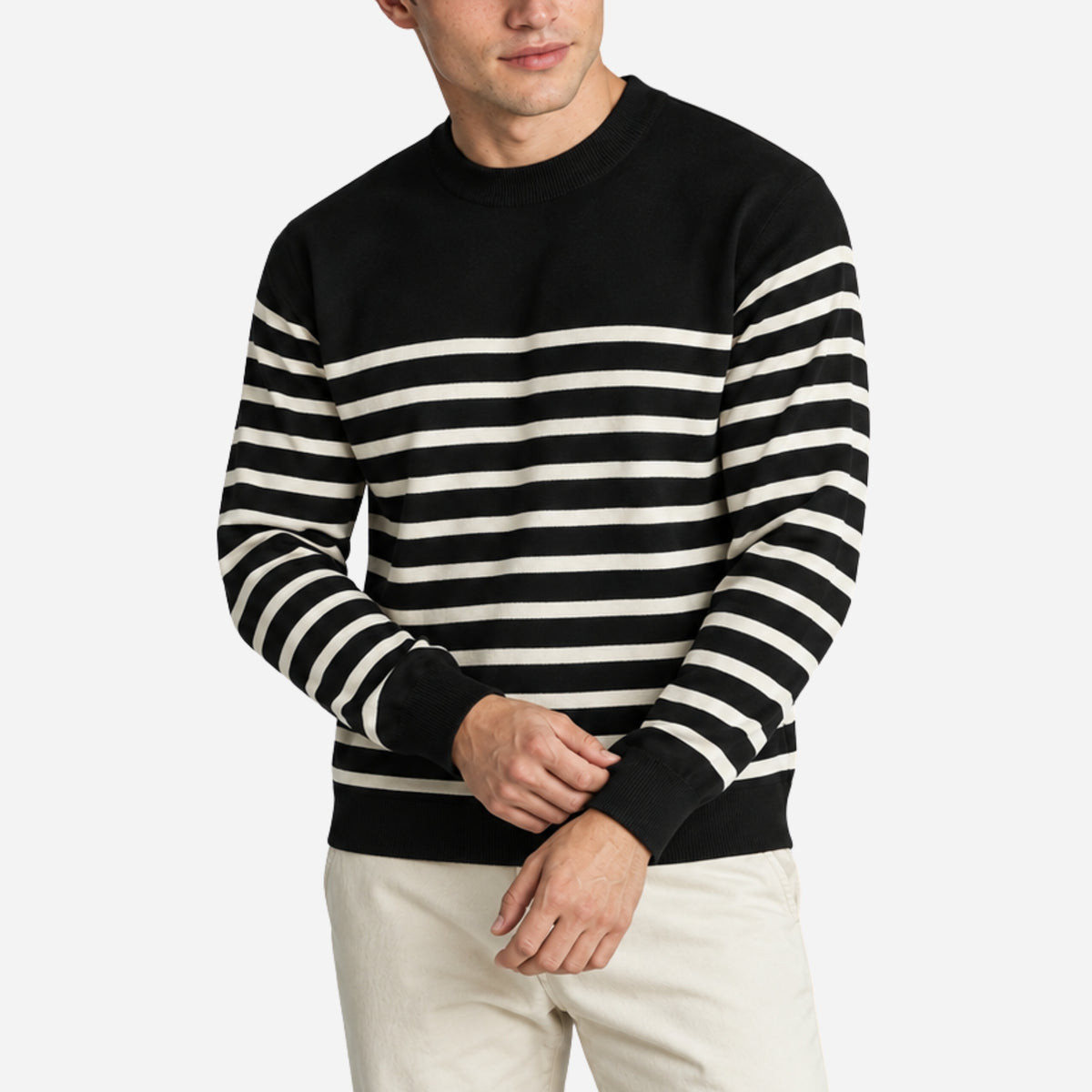 Men’s Horizontal-Stripe Crew-Neck Knitted Jumper-Fowsa