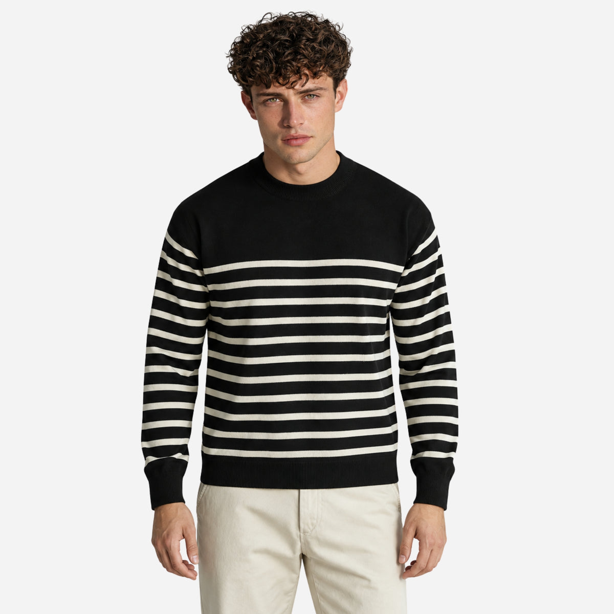 Men’s Horizontal-Stripe Crew-Neck Knitted Jumper-Fowsa
