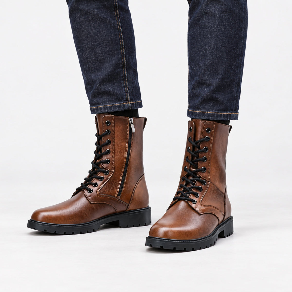 Men's Lace-Up Side-Zip Combat Boots-Fowsa