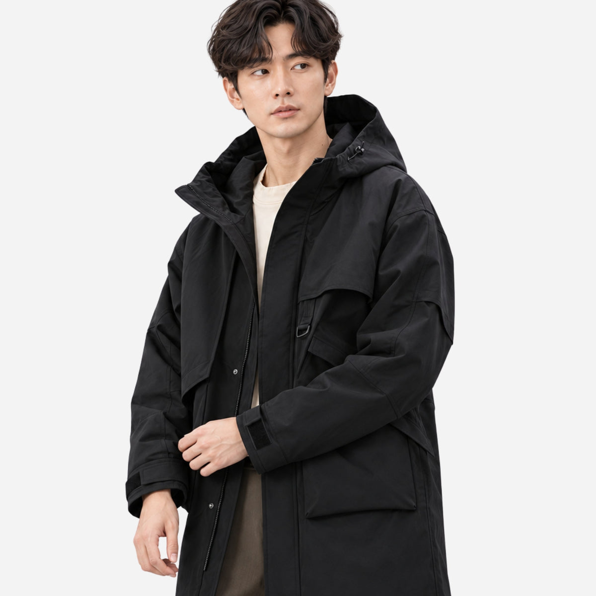 Men's Layered Hooded Mid-Length Windbreaker Coat-Fowsa
