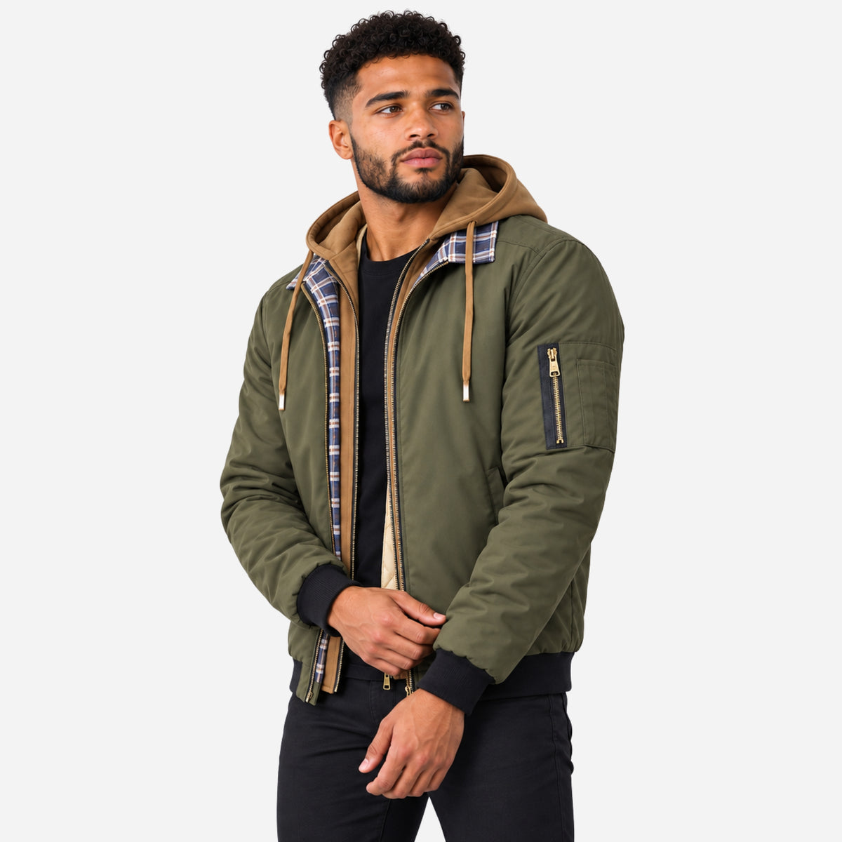 Men’s Layered Hooded Quilted Bomber Jacket-Fowsa