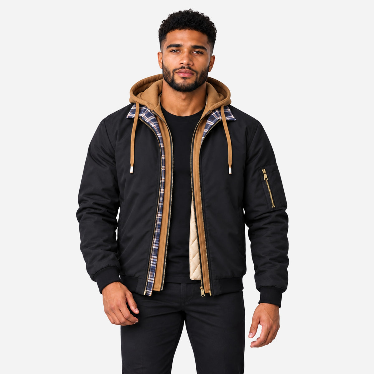 Men’s Layered Hooded Quilted Bomber Jacket-Fowsa