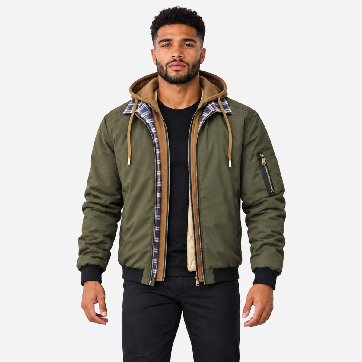 Men’s Layered Hooded Quilted Bomber Jacket-Fowsa