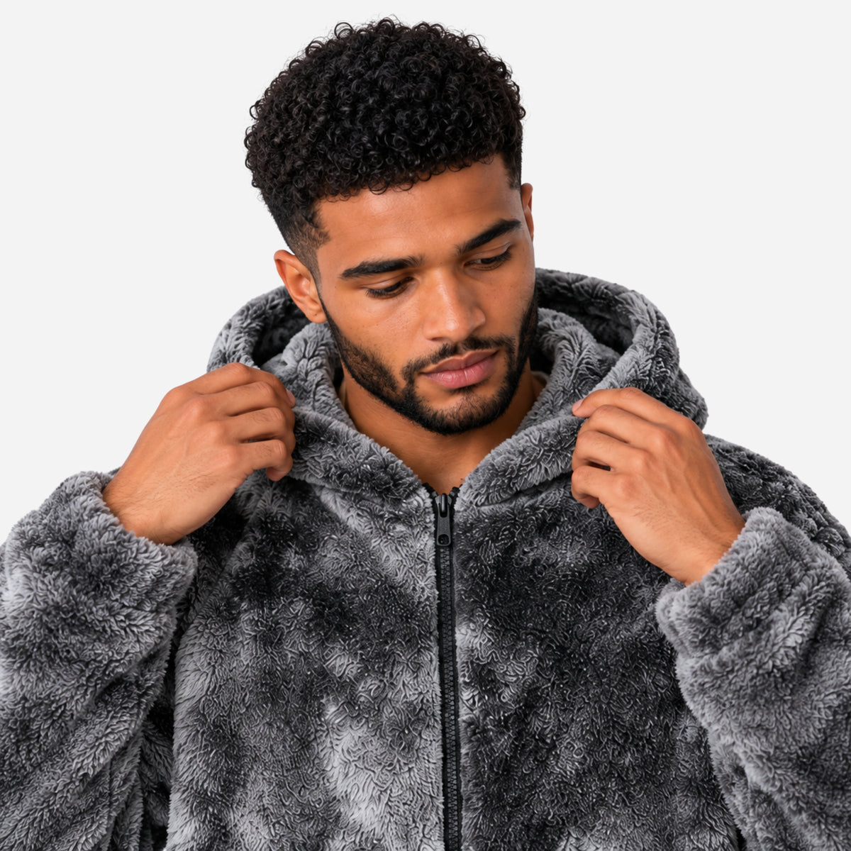 Men’s Mottled Plush Full-Zip Hooded Jacket-Fowsa