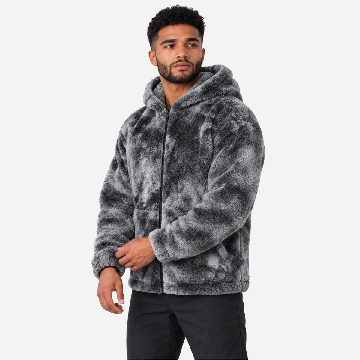 Men’s Mottled Plush Full-Zip Hooded Jacket-Fowsa