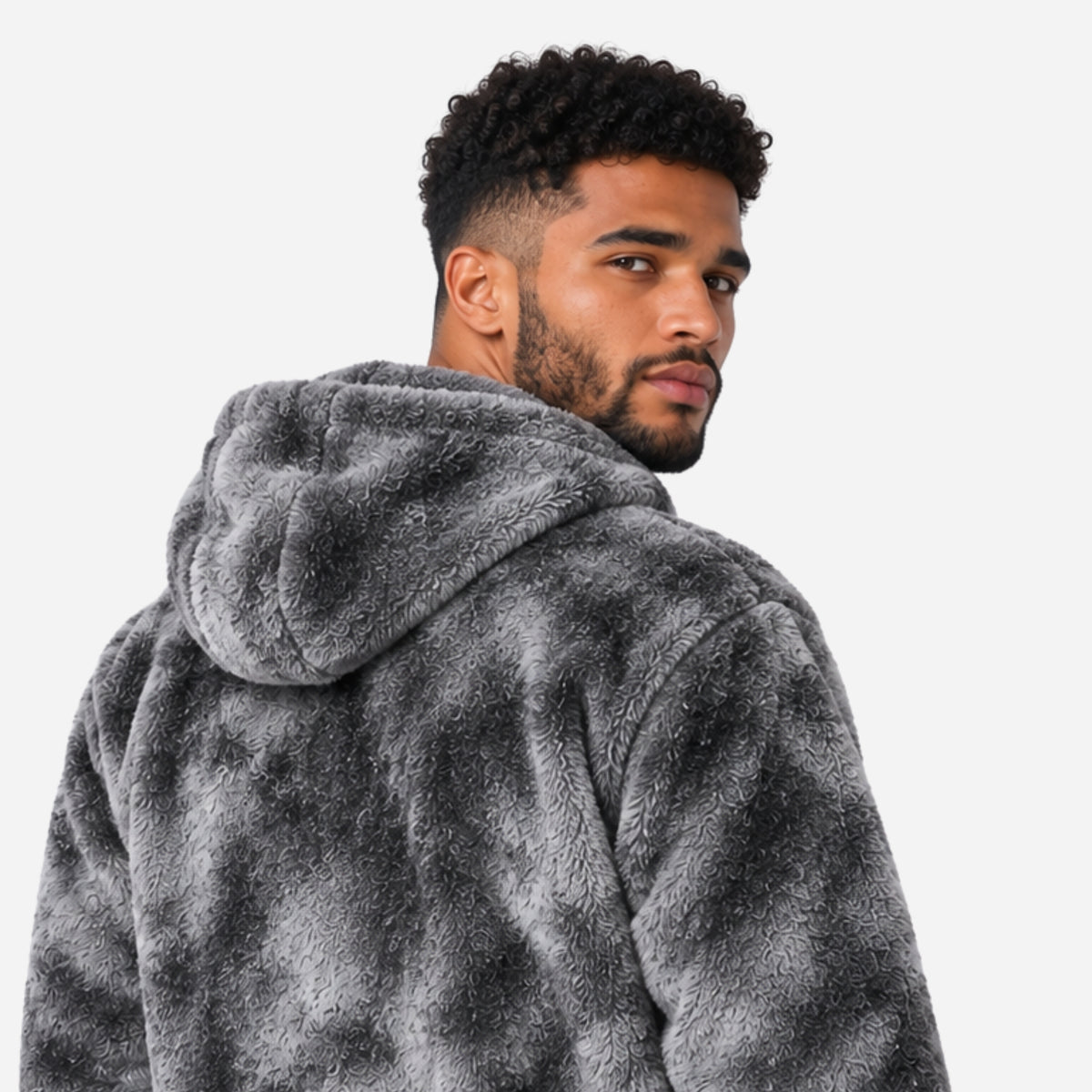 Men’s Mottled Plush Full-Zip Hooded Jacket-Fowsa
