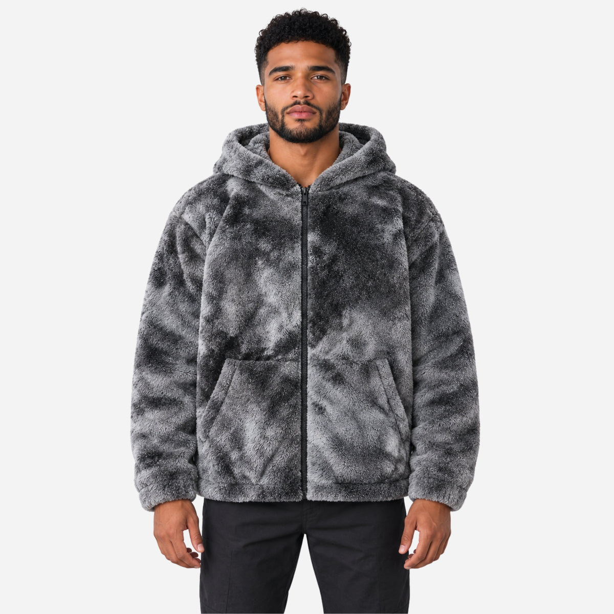 Men’s Mottled Plush Full-Zip Hooded Jacket-Fowsa