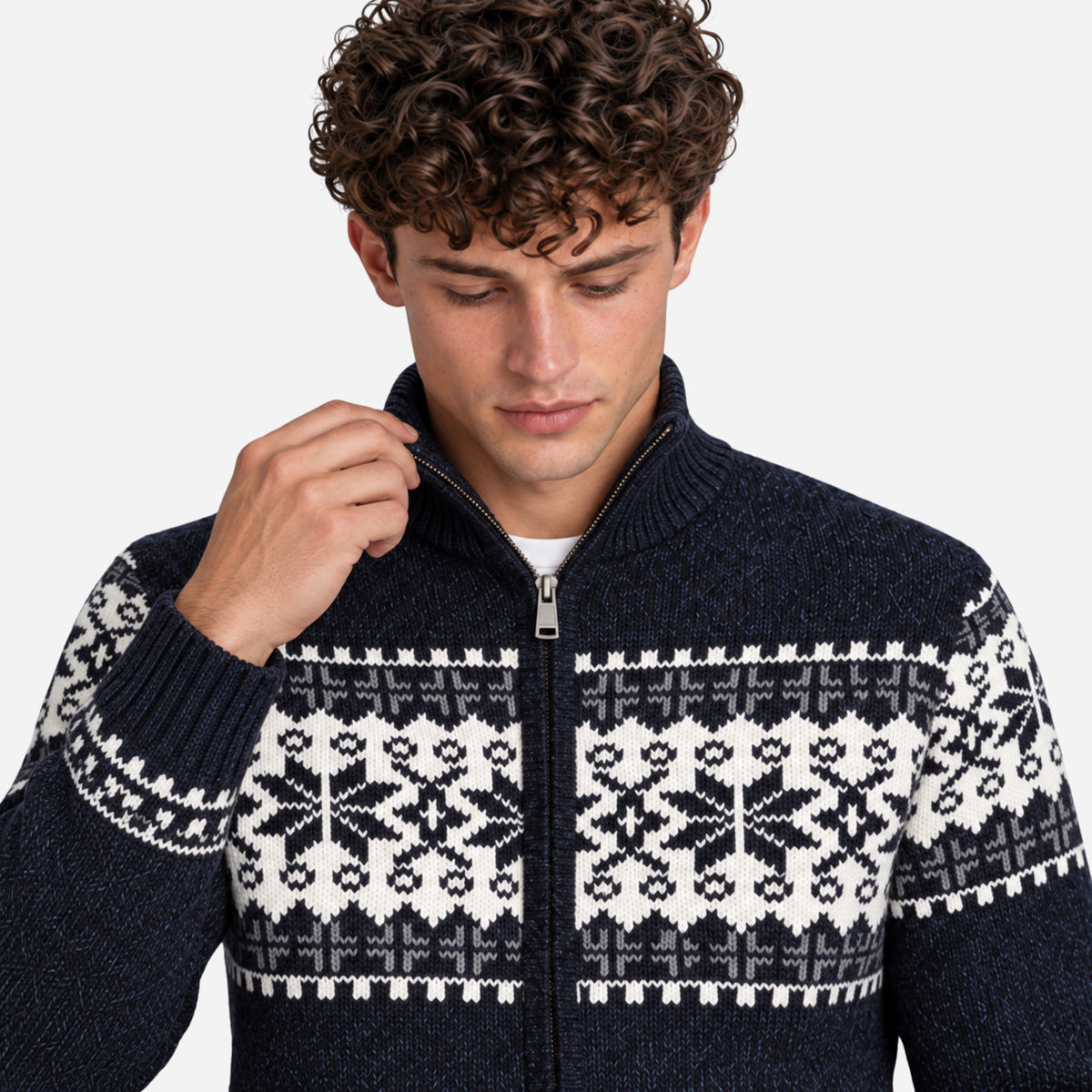 Men’s Nordic Pattern Zip-Up Cardigan Jumper-Fowsa
