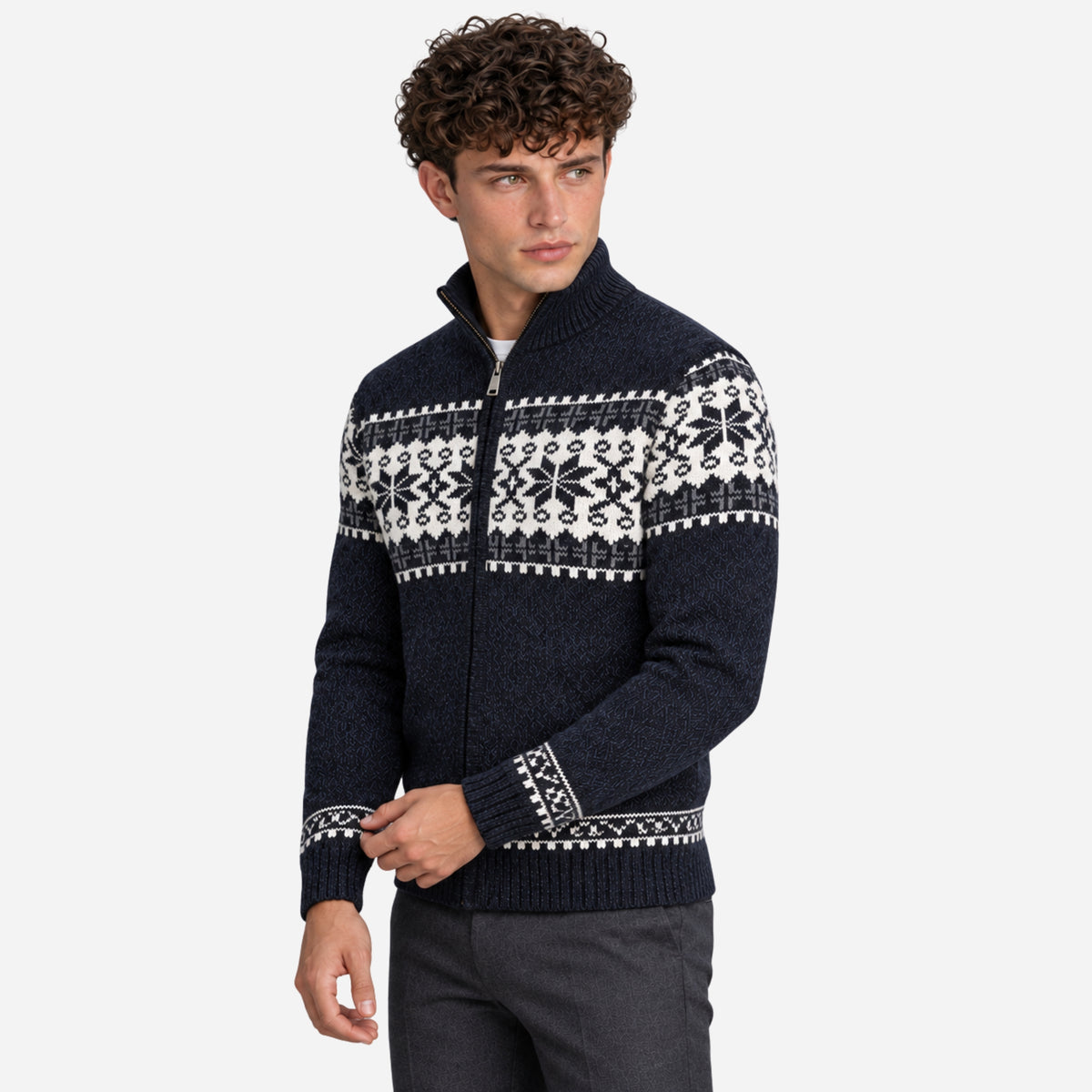 Men’s Nordic Pattern Zip-Up Cardigan Jumper-Fowsa