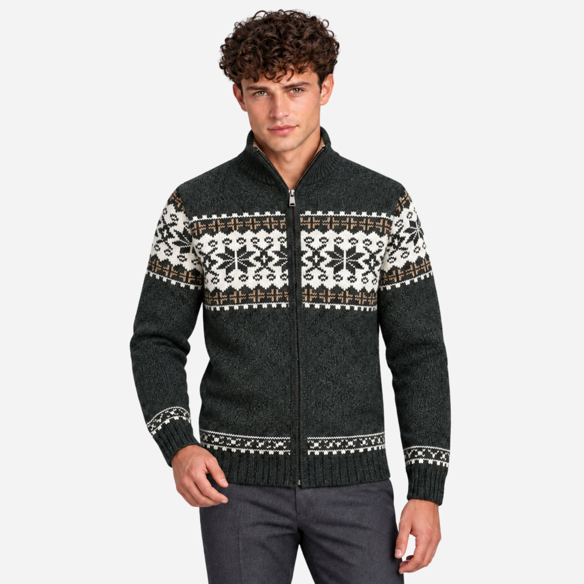 Men’s Nordic Pattern Zip-Up Cardigan Jumper-Fowsa