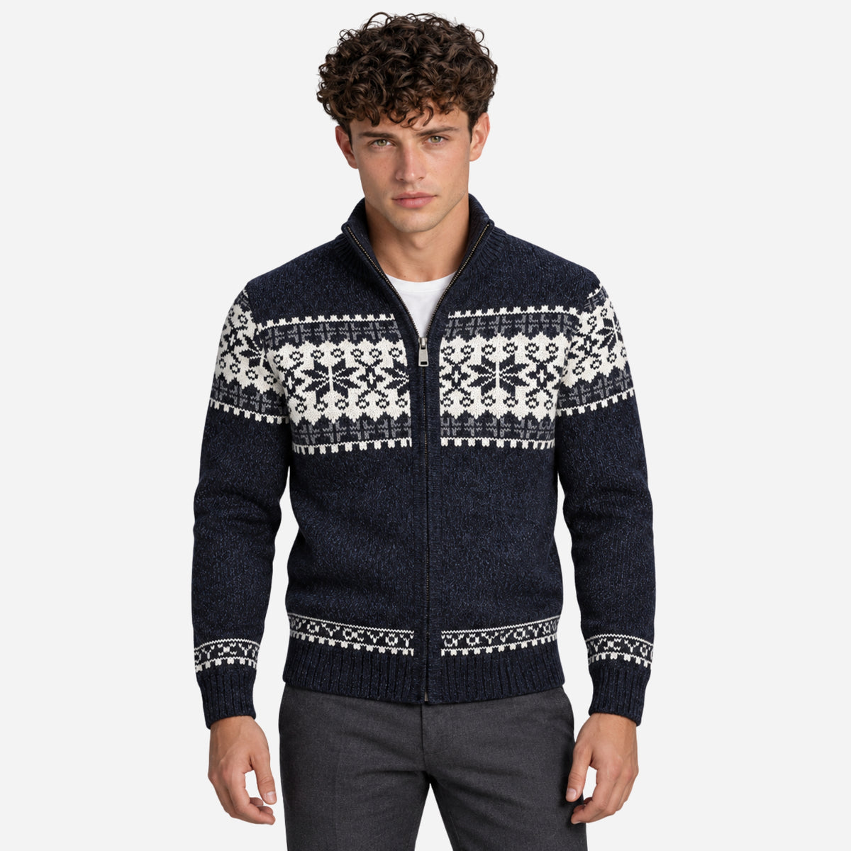 Men’s Nordic Pattern Zip-Up Cardigan Jumper-Fowsa