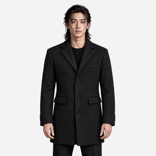 Men's Notched-Lapel Single-Breasted Mid-Length Coat-Fowsa