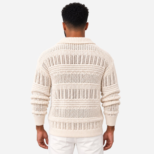 Men’s Openwork Collared Long Sleeve Jumper-Fowsa