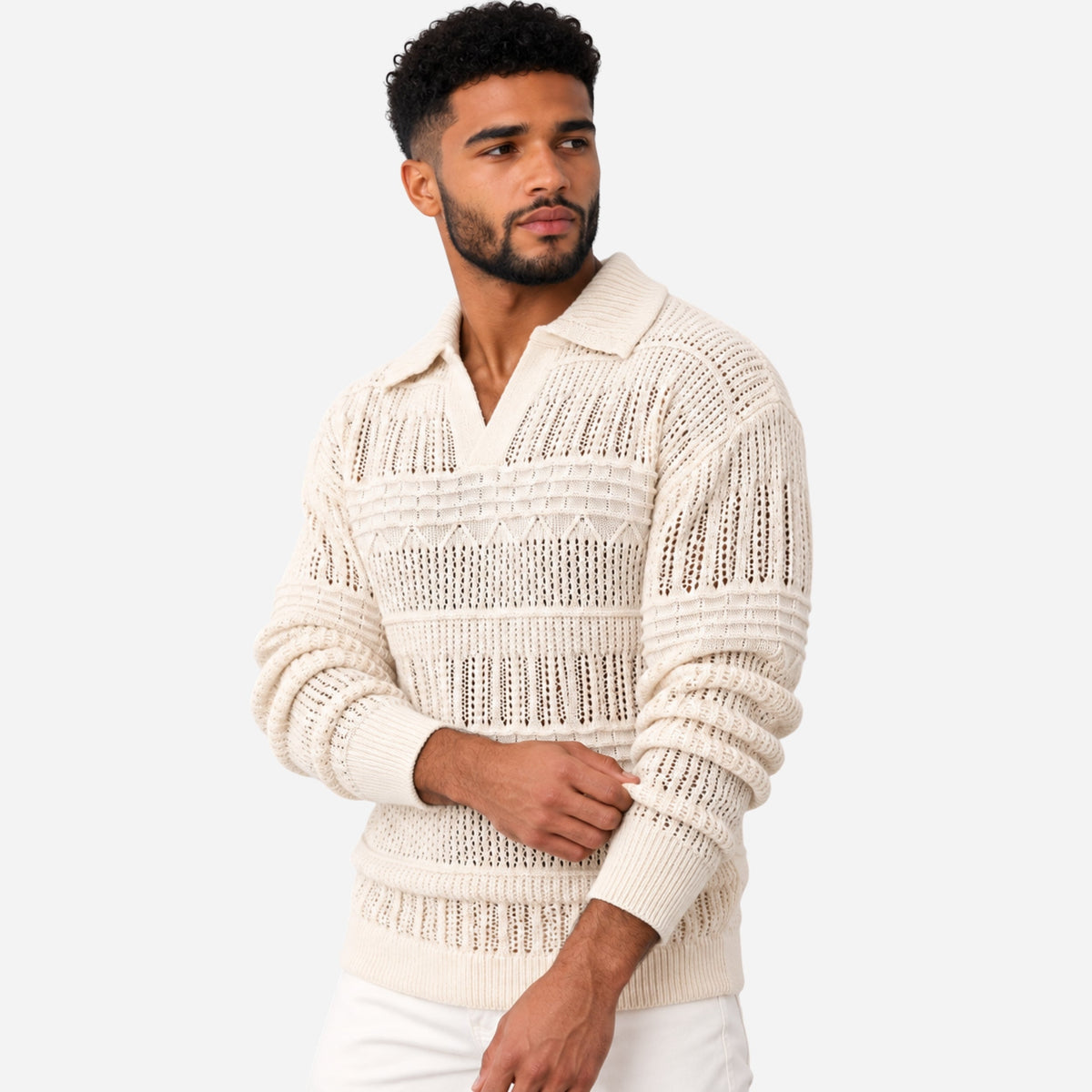 Men’s Openwork Collared Long Sleeve Jumper-Fowsa