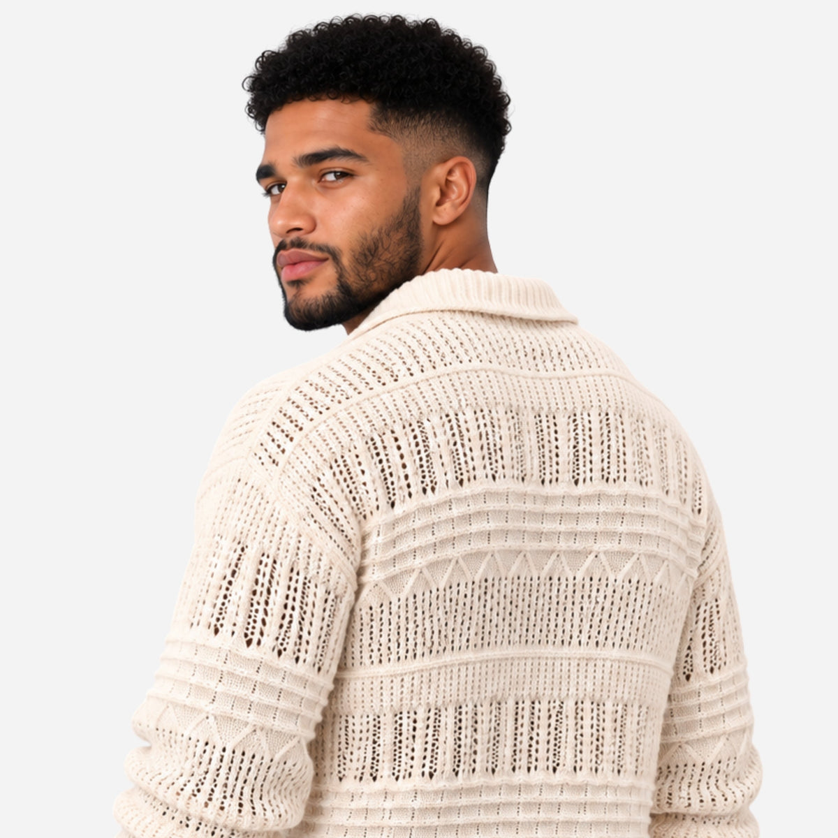 Men’s Openwork Collared Long Sleeve Jumper-Fowsa