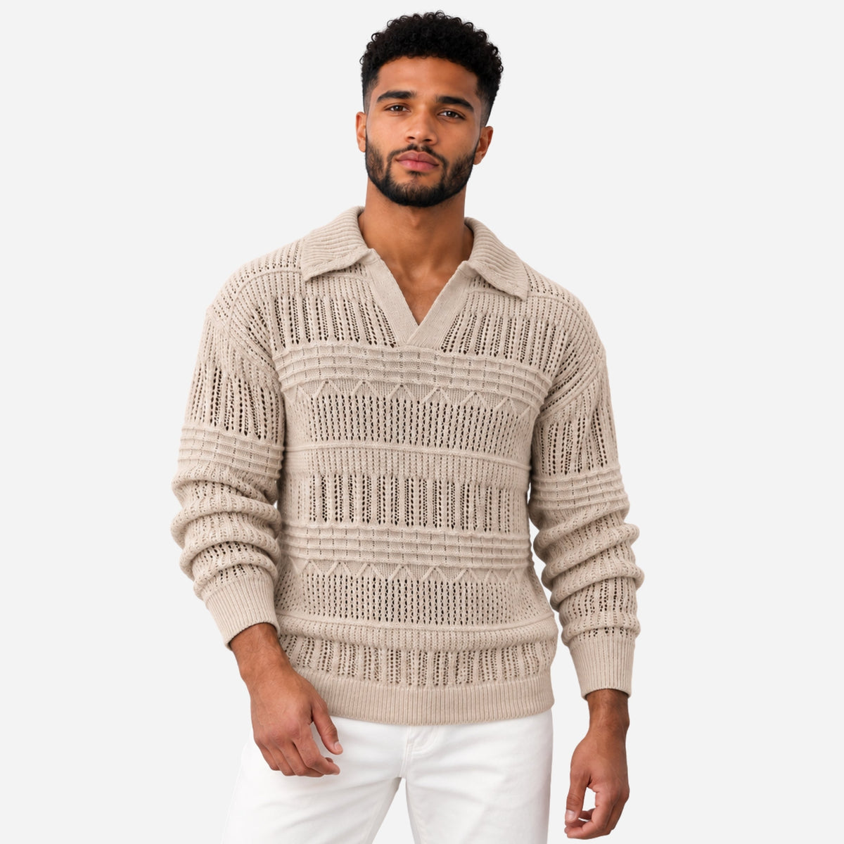 Men’s Openwork Collared Long Sleeve Jumper-Fowsa