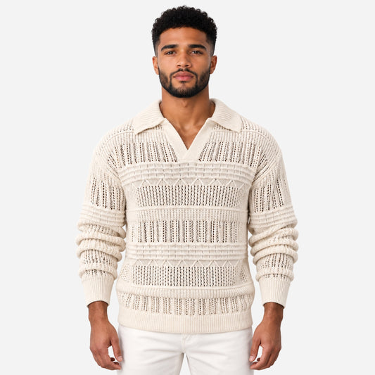 Men’s Openwork Collared Long Sleeve Jumper-Fowsa