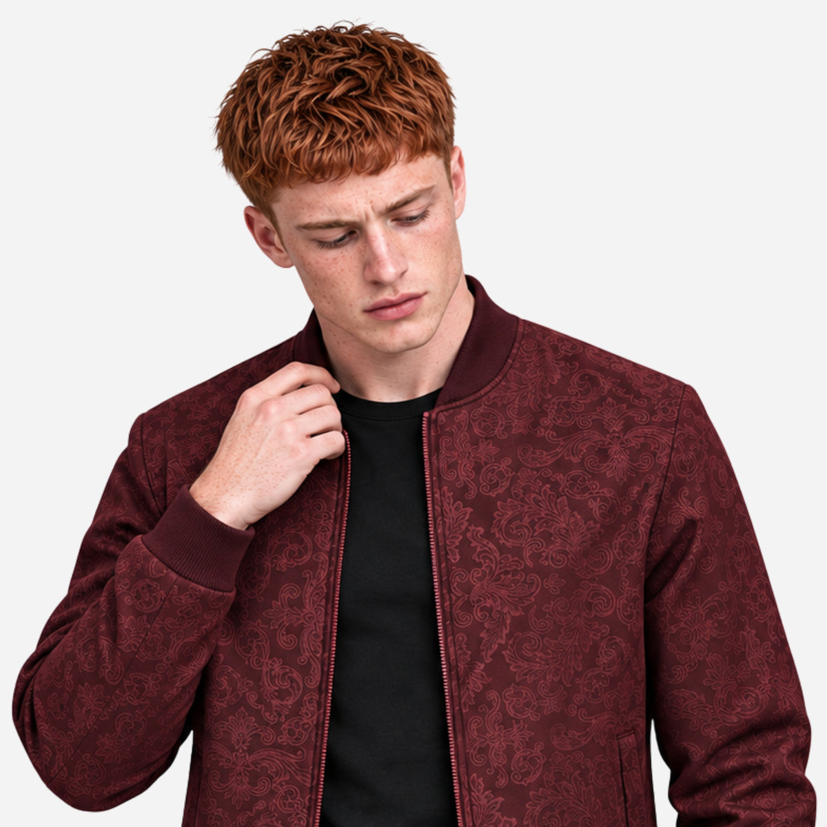Men’s Ornate Pattern Zip-Up Bomber Jacket-Fowsa