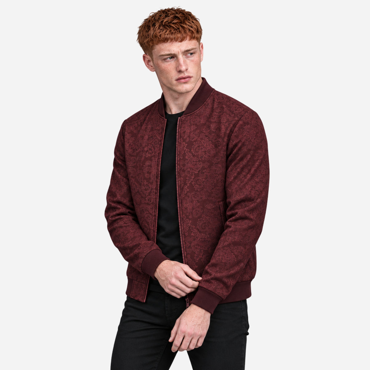 Men’s Ornate Pattern Zip-Up Bomber Jacket-Fowsa