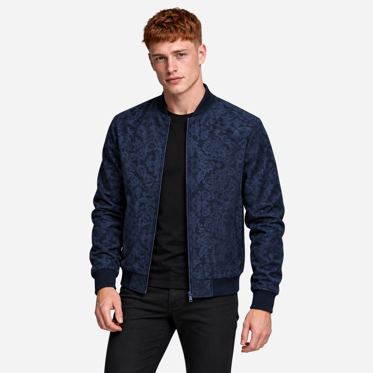 Men’s Ornate Pattern Zip-Up Bomber Jacket-Fowsa