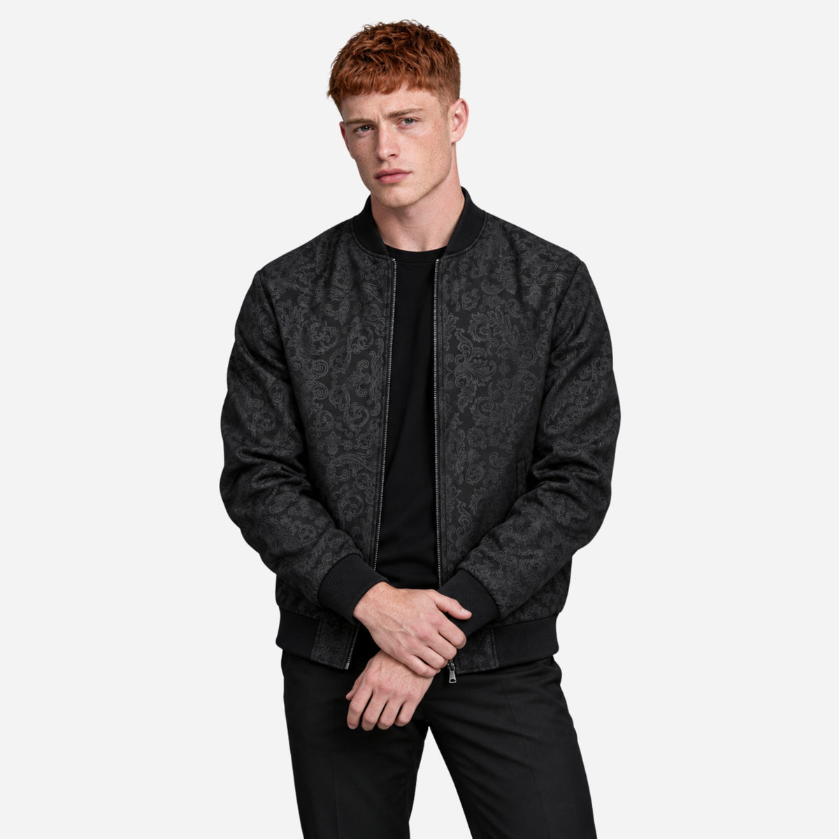 Men’s Ornate Pattern Zip-Up Bomber Jacket-Fowsa