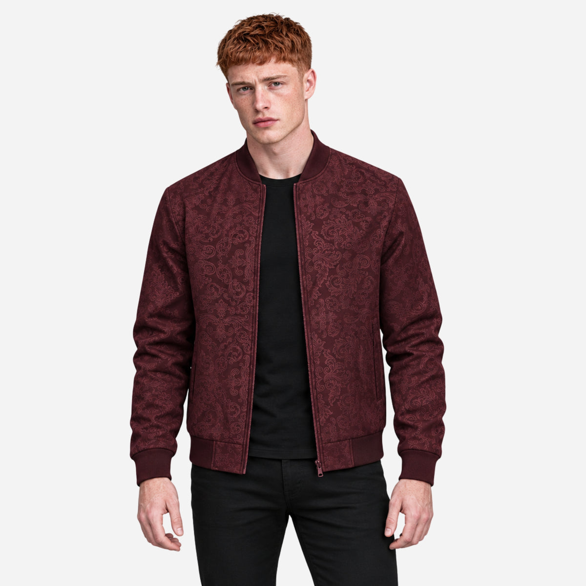 Men’s Ornate Pattern Zip-Up Bomber Jacket-Fowsa