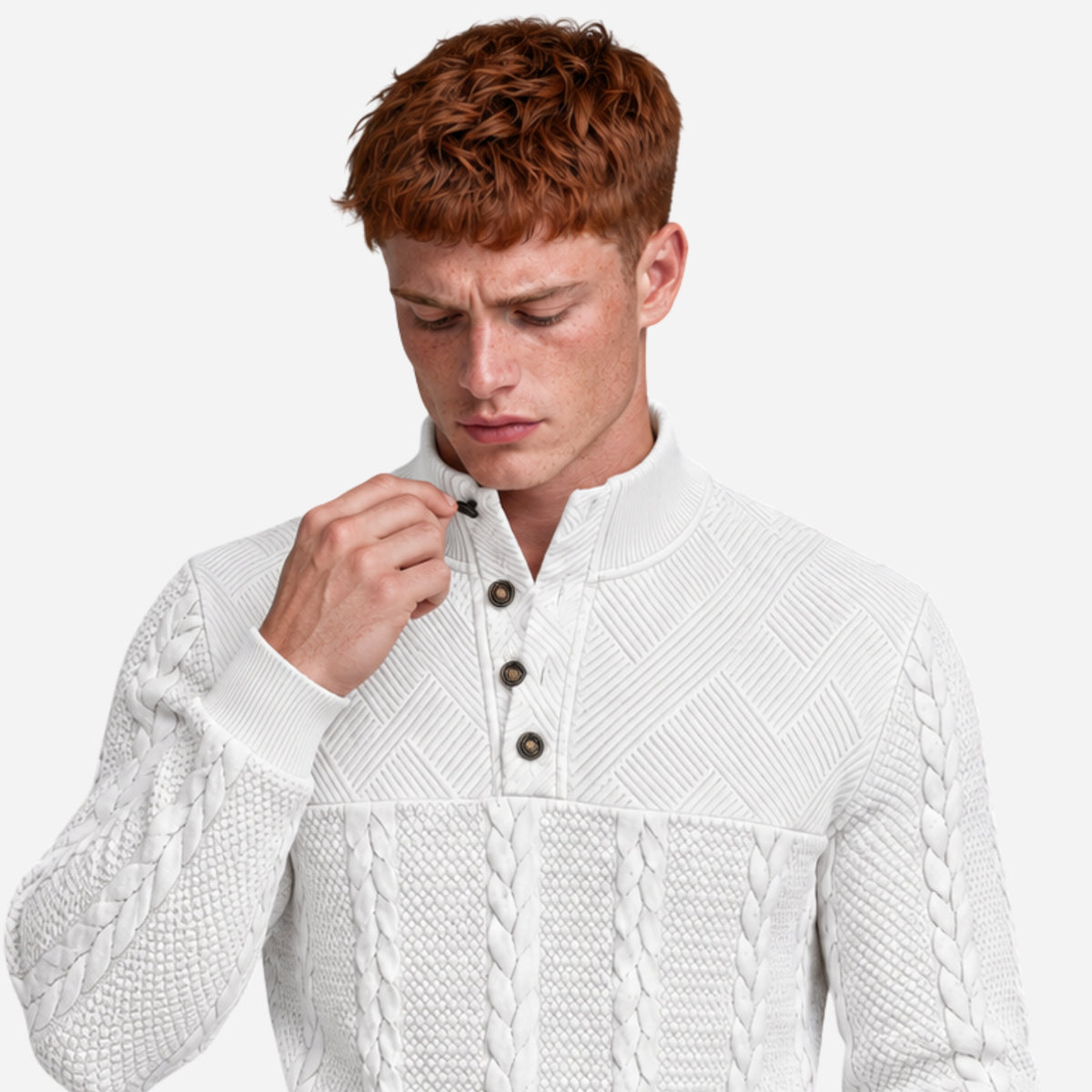 Men’s Panelled Cable-Knit Buttoned Collar Jumper-Fowsa