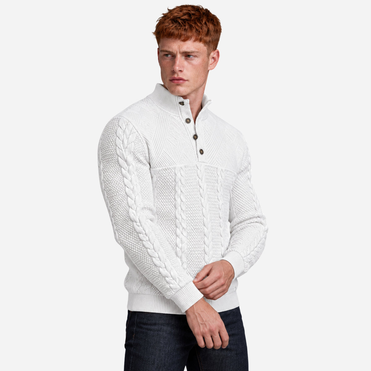 Men’s Panelled Cable-Knit Buttoned Collar Jumper-Fowsa