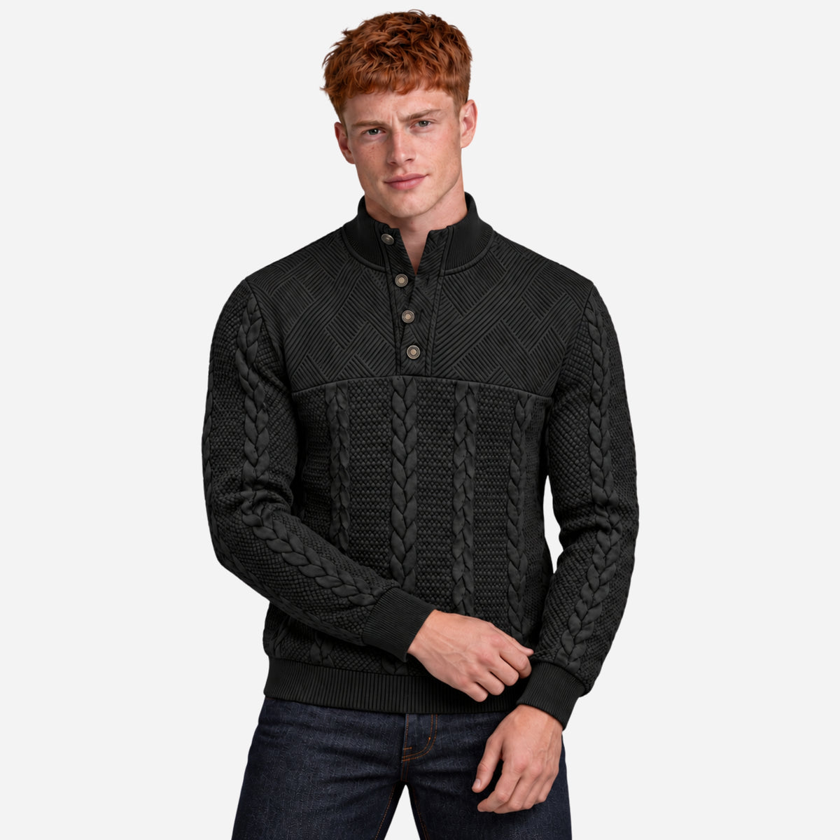 Men’s Panelled Cable-Knit Buttoned Collar Jumper-Fowsa