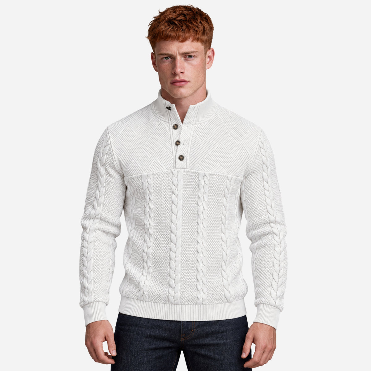 Men’s Panelled Cable-Knit Buttoned Collar Jumper-Fowsa