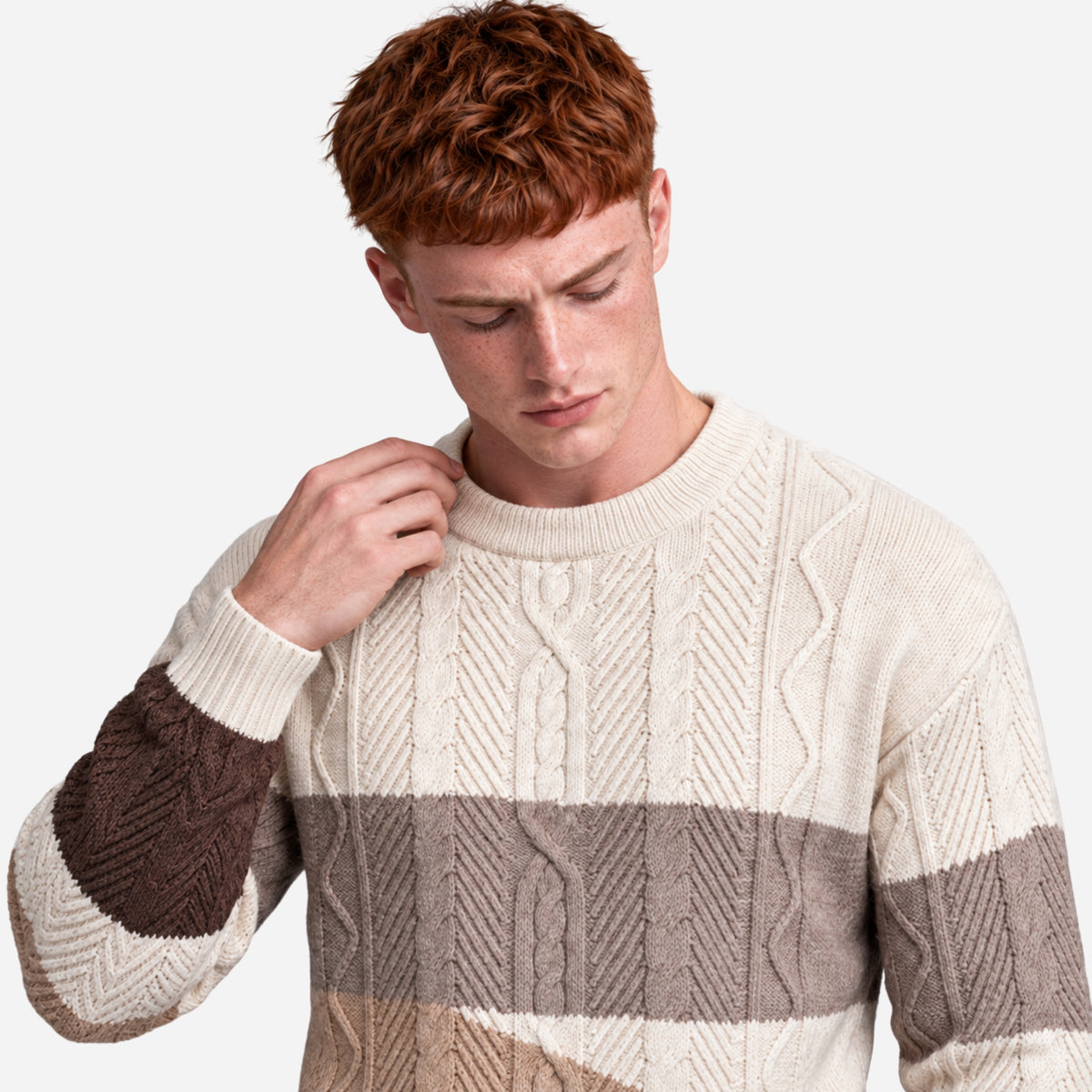 Men’s Panelled Cable Knit Mock-Neck Jumper-Fowsa
