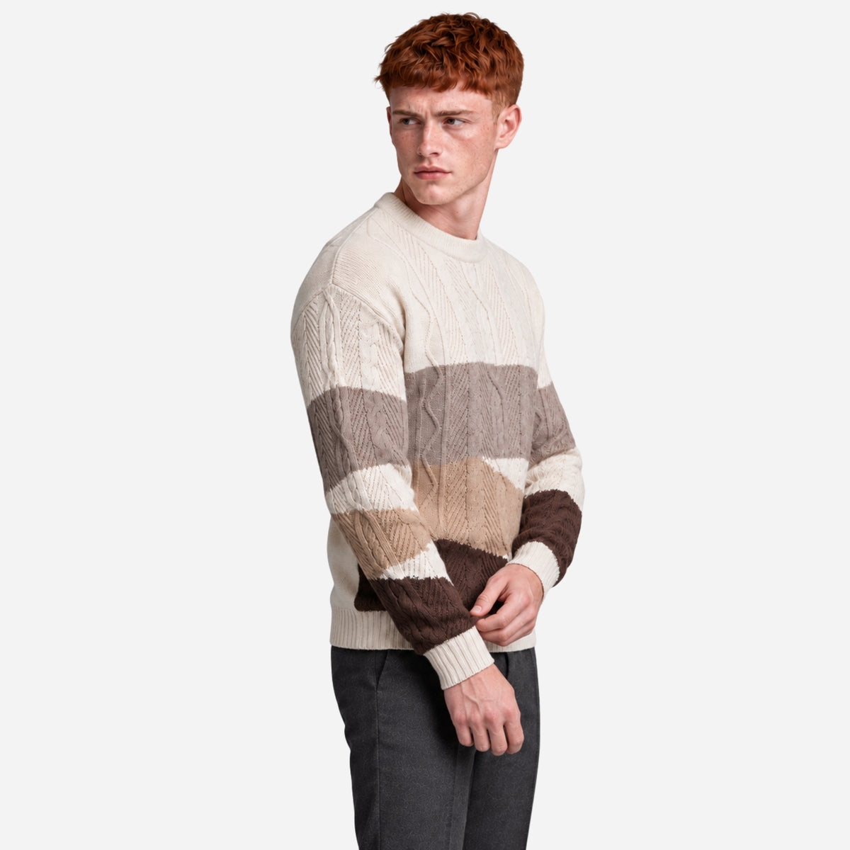 Men’s Panelled Cable Knit Mock-Neck Jumper-Fowsa