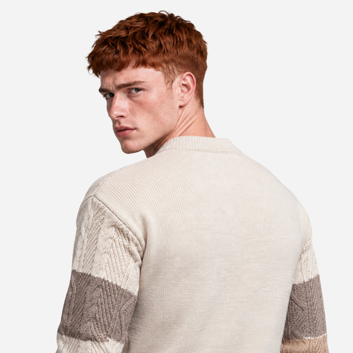 Men’s Panelled Cable Knit Mock-Neck Jumper-Fowsa