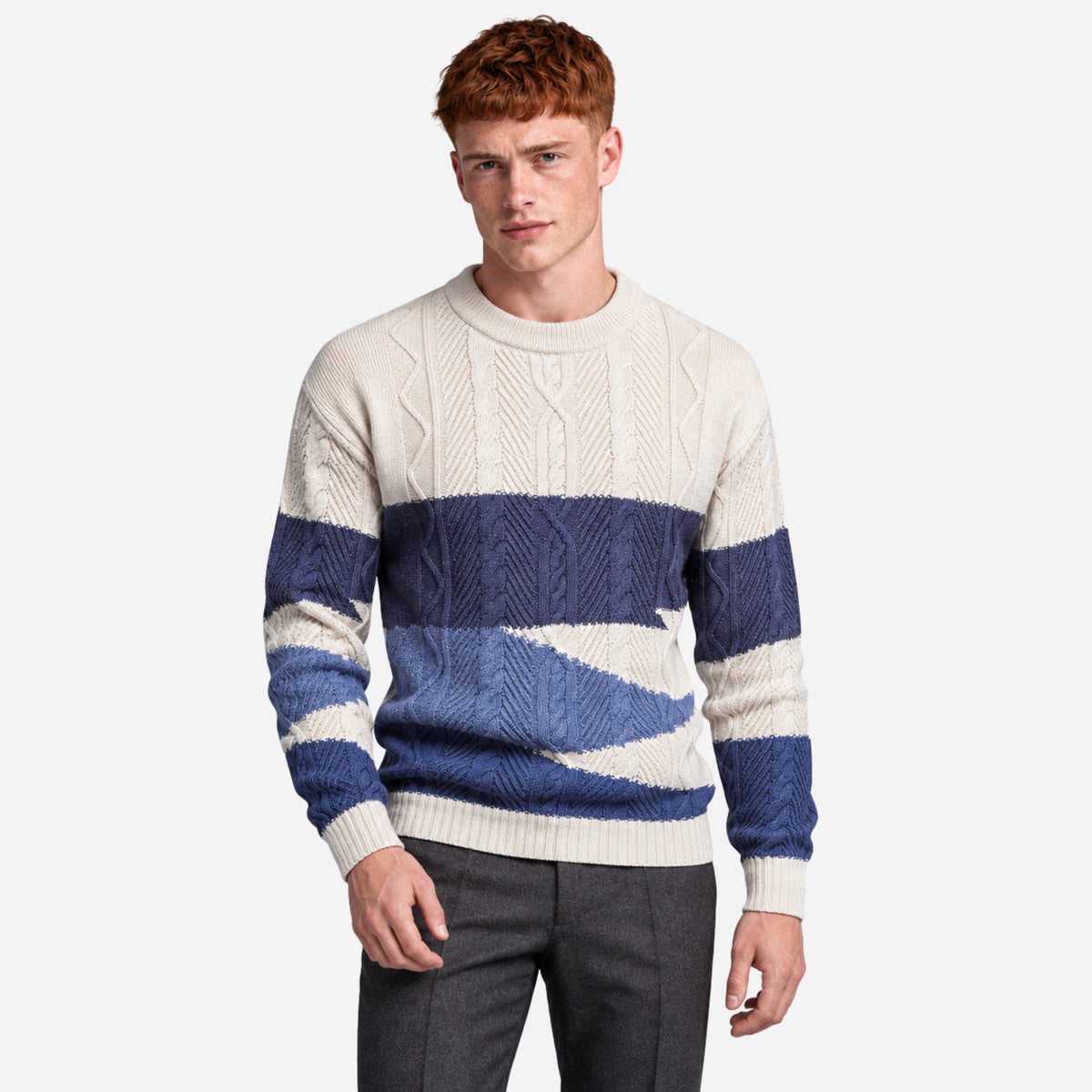 Men’s Panelled Cable Knit Mock-Neck Jumper-Fowsa